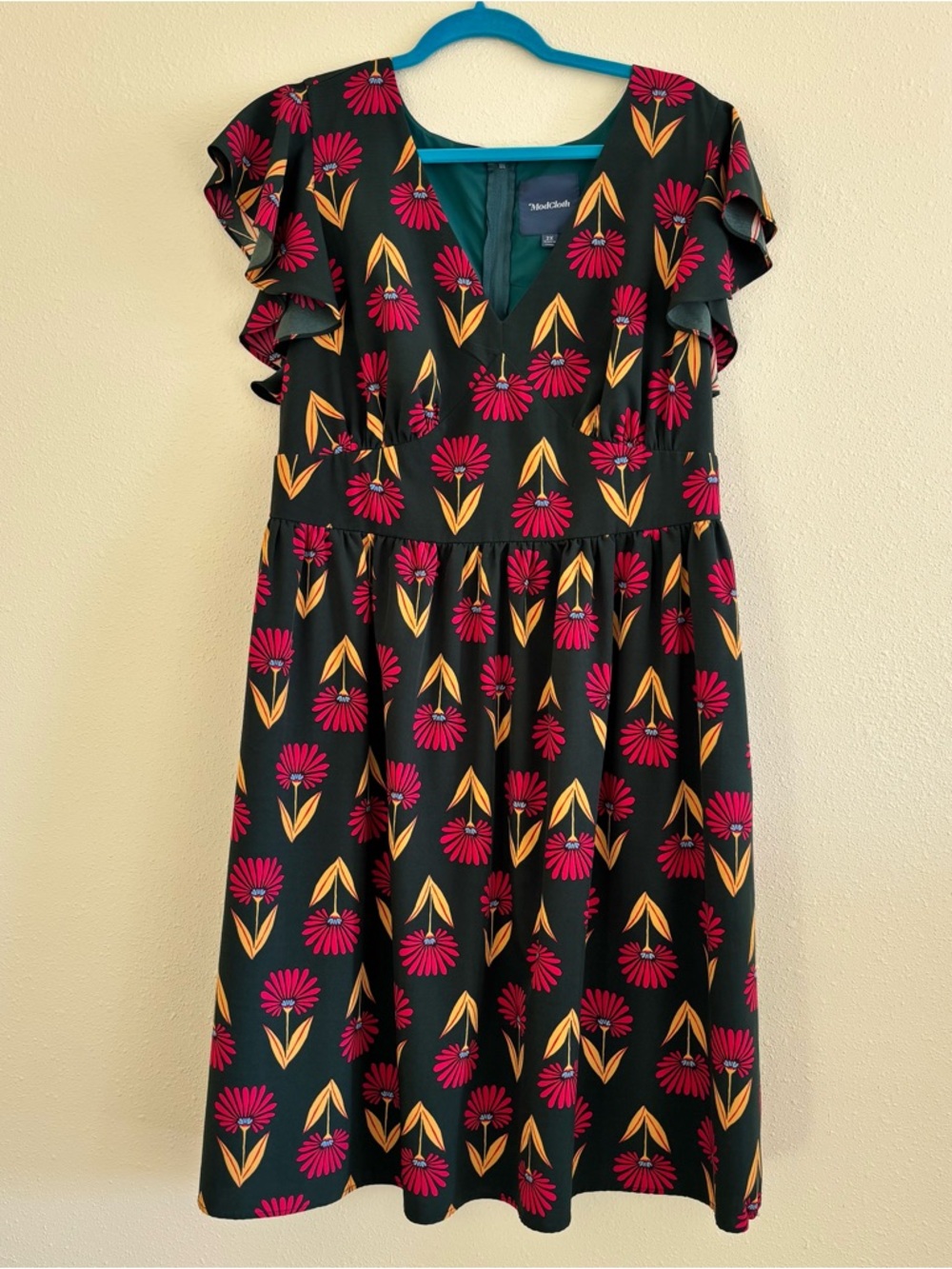 ModCloth Olive Green Dress with Red and Mustard Floral Print - Picture 2 of 4